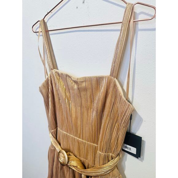 MAC DUGGAL Gold Metallic Plissé Square Neck Pleated Ruffle Belt Detail Dress 8 - Picture 8 of 16